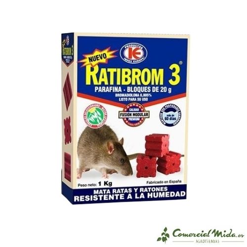 Cebo rodenticida RATIBROM 3 PARAFINA contra ratas y ratones (Bloques 20g)